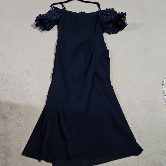 Xscape Dresses & Skirts - Xscape Navy Asymmetrical Dress with Floral Sleeves